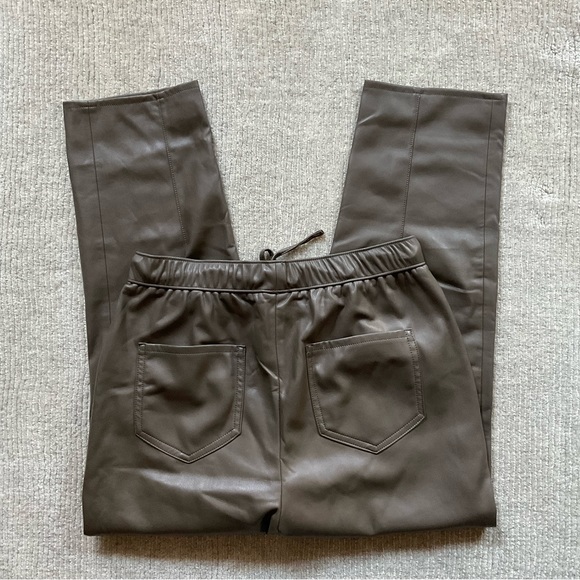 ZARA Olive Green Faux Leather Pants Fleece Lined Drawstring Classy Khaki S Small - Picture 2 of 6